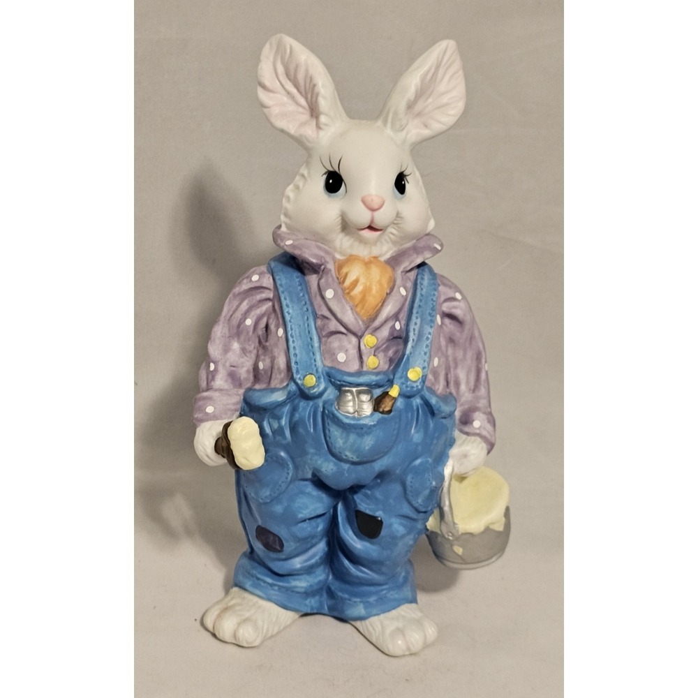 Easter Bunny Rabbit Resin Figurine Holding Paint Bucket and Paint Brush 9" Tall